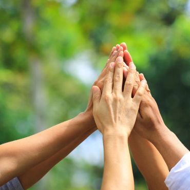 Multiple hands coming together in a high-five outdoors.