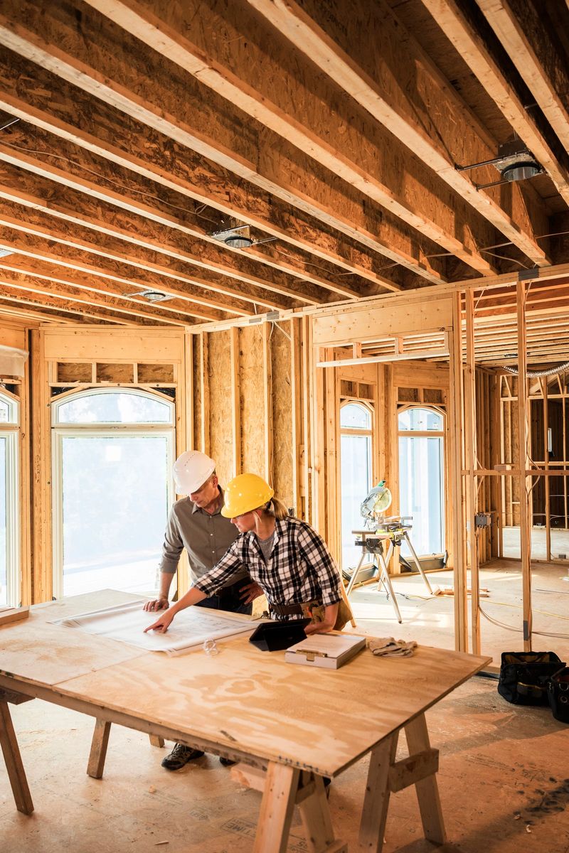 Woman architect looking over blueprints at home construction site.