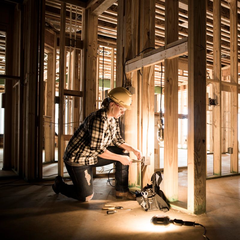 Woman electrician at home construction site.