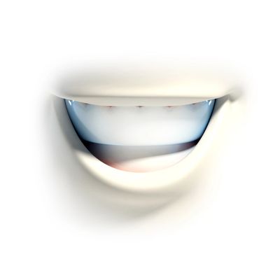 Close-up of a smiling mouth with white teeth on a white background.