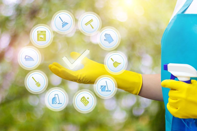 Cleaner in her hand shows the icon of the performed clean on a blurred background.