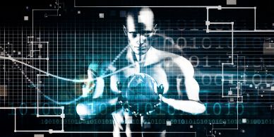 Futuristic human figure interacting with digital data.