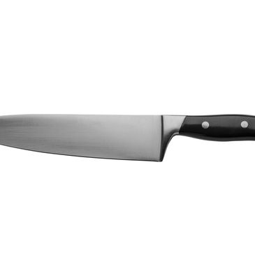 A sharp kitchen knife with a black handle and silver blade.