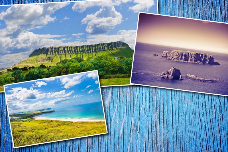 Irish landscapes - postards concept on colored wooden background