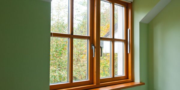 Wood-framed window with green walls and autumn foliage outside.