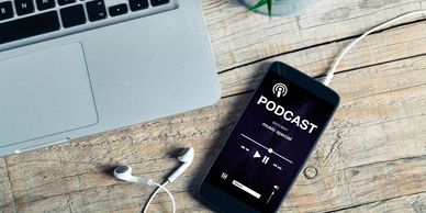 A phone playing a podcast