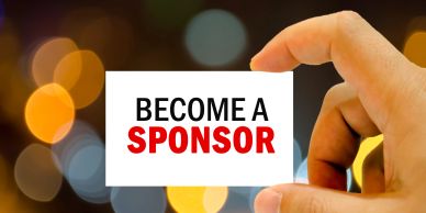 Hand holding a card reading 'Become a Sponsor'.