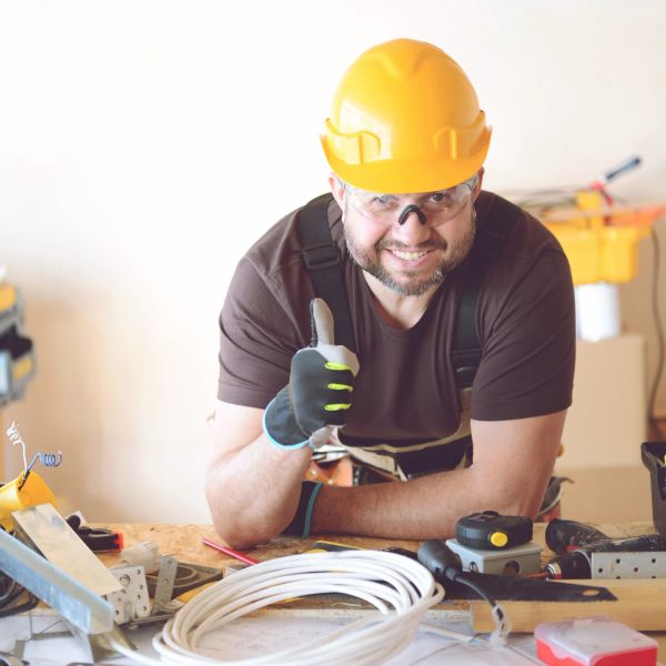Smiling construction worker giving thumbs up.