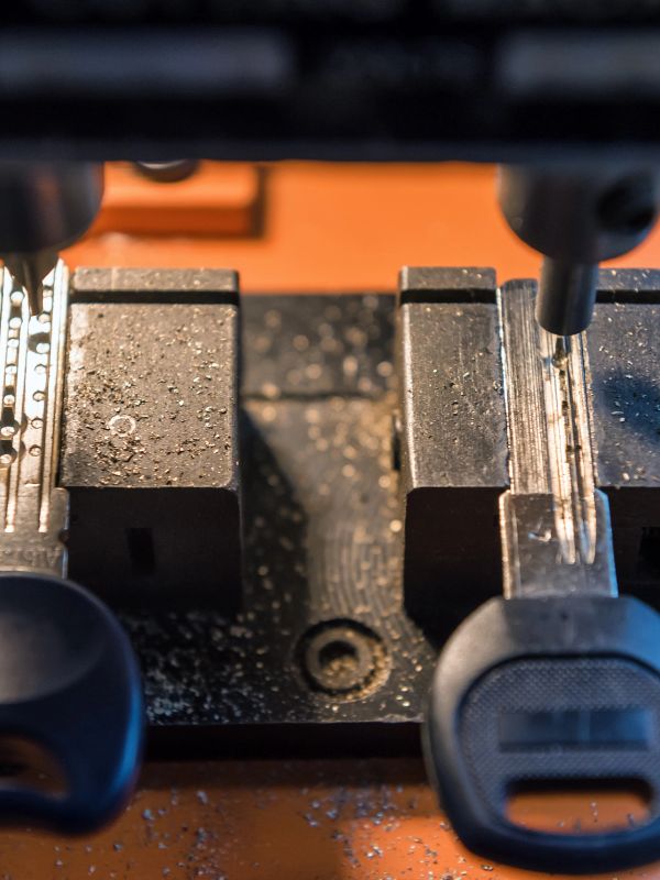 Close-up of a key cutting machine with keys.