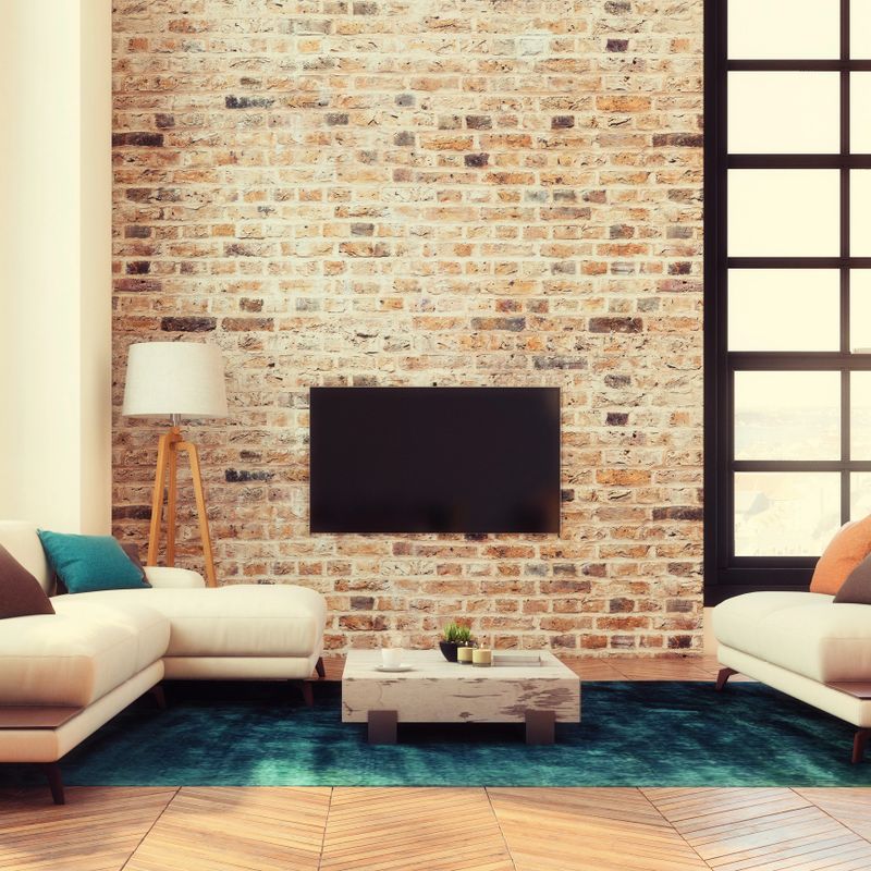 Apartment interior living room with large LED TV screen on the brick wall. modern sofa with pillows, carpet, large windows...copy space mock up