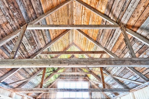 Stock photo of the interior wood ceiling of a barn