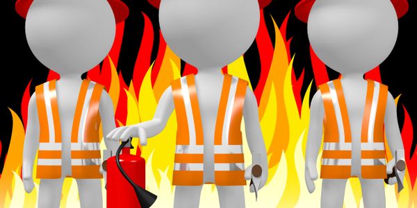 Three figures in firefighter gear with flames behind them and a fire extinguisher.