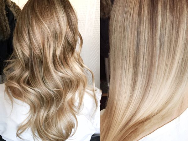 Two blonde hair styles: wavy on left, straight on right.
