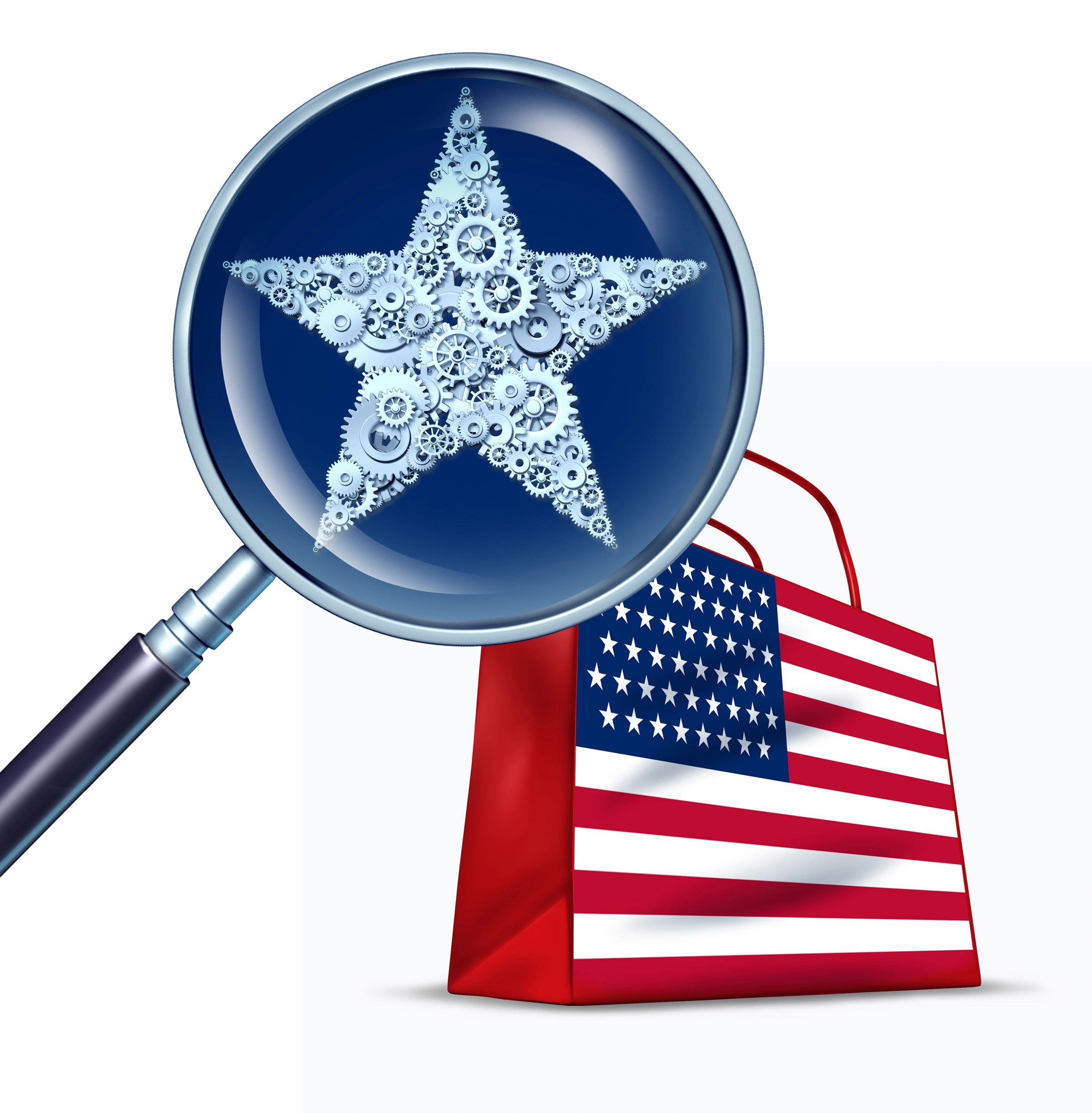United States commerce business concept as a magnifying glass studying a star close up made of cogs for the american flag as a 3D illustration.