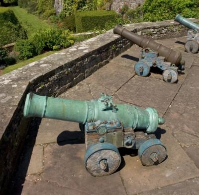 Old cannons displayed on stone pavement near a grassy area.