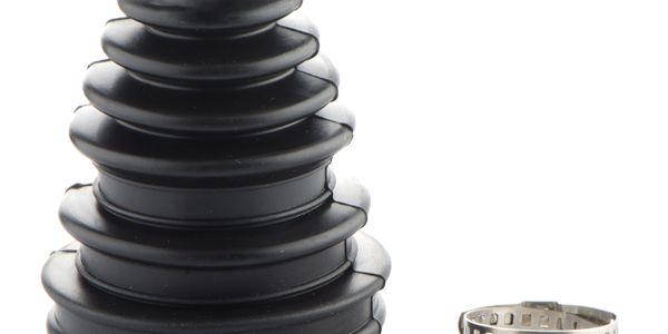 Black automotive CV joint boot with metal clamp on white background.
