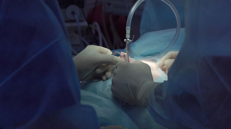 Operation using laparoscopic equipment. Surgeons team. Hospital