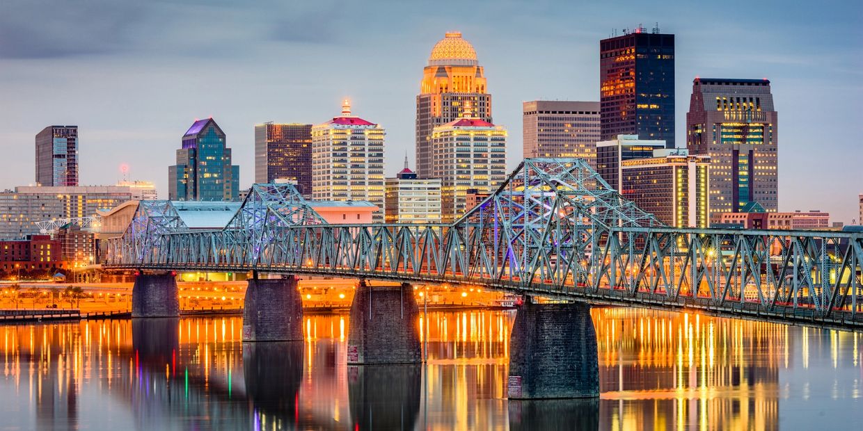 Louisville at dusk. Lite up.