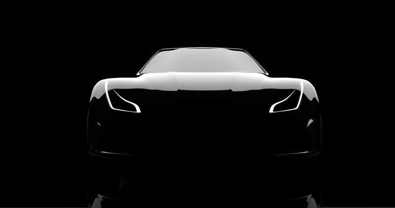 silhouette of black sports car on black background, 3d render, generic design, non-branded