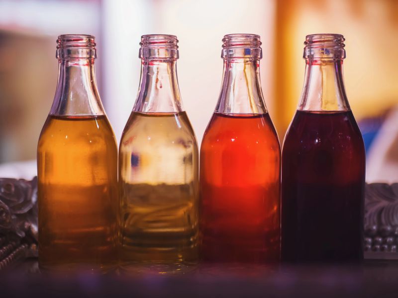 Group of colorful little liquor bottles in the restaurant