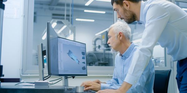 Two engineers collaborate on a 3D CAD design displayed on a computer screen in a modern office.