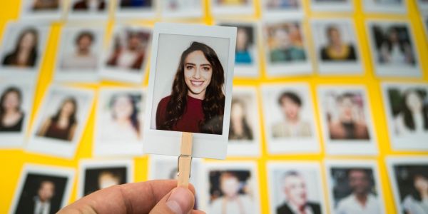 Hand holding a Polaroid photo of a smiling woman against a background of many blurred photos.