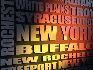 3D typography of New York cities with a warm gradient background.