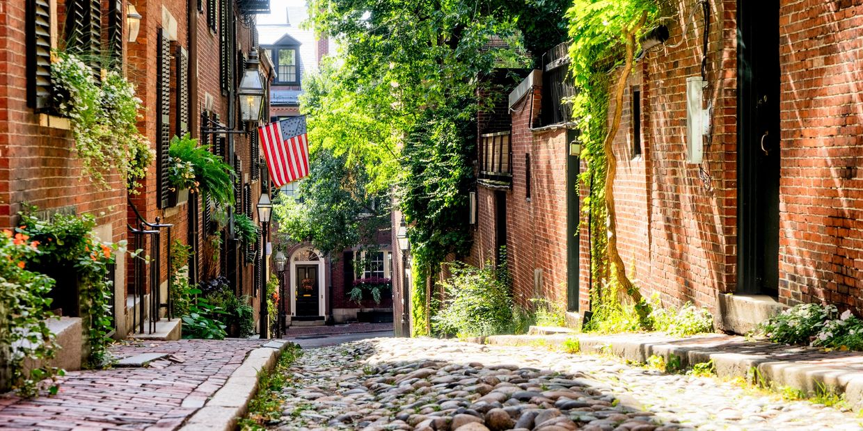 Sunlit cobblestone alley with brick buildings and greenery.