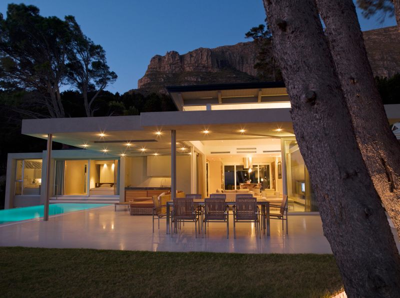 Patio area and swimming pool of modern home