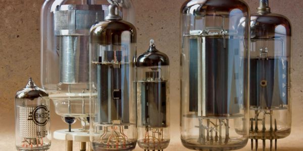 A collection of vintage vacuum tubes with metallic components inside glass envelopes.
