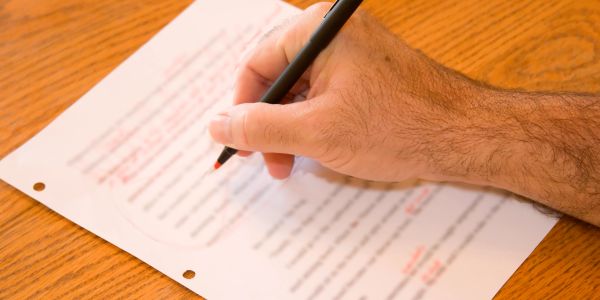 A person editing a printed document with a pen on a wooden table.
