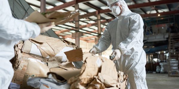 Worker in protective suit handling cardboard waste.