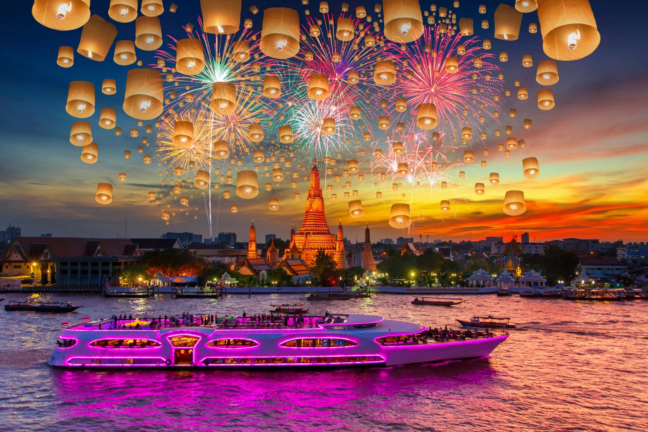A vibrant nighttime river scene with lanterns, fireworks, and a neon-lit boat.