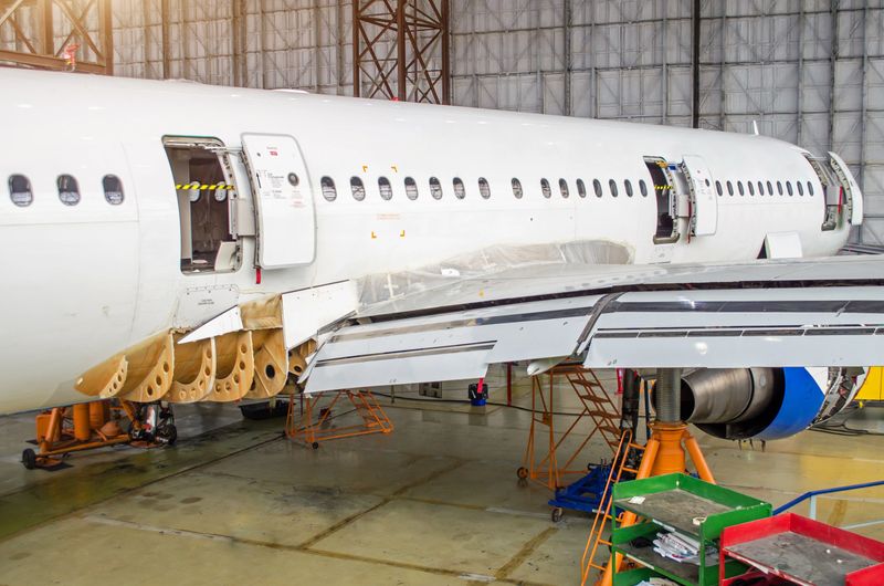 Passenger aircraft on maintenance, a view of the rear of the fuselage in airport hangar