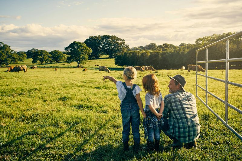 Rearview shot of an handsome male farmer and his two kids on their farm