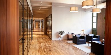 Business reception area with couches, chairs and desks leasing and financing