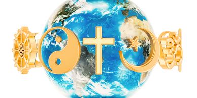 Numerous world religious symbols surrounding plant Earth. 