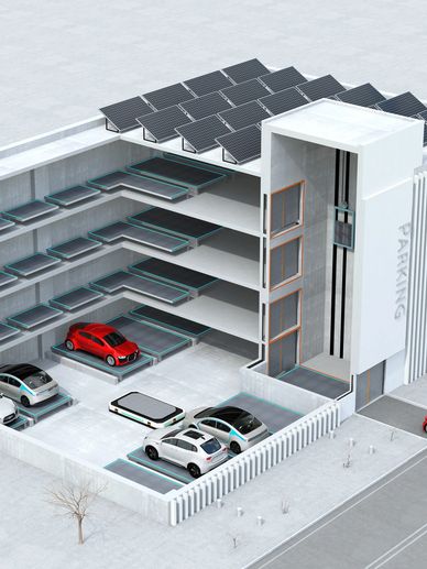 Isometric illustration of a multi-level automated parking garage with cars stored in vertical bays