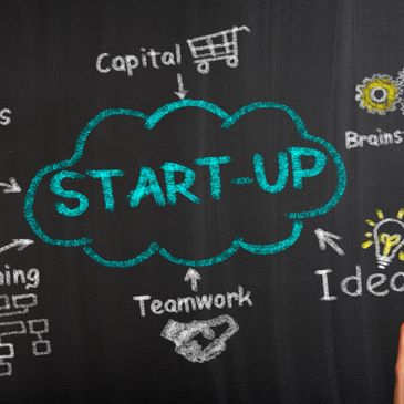 Chalkboard drawing illustrating key elements of a startup: idea, teamwork, planning, analysis, capital, and brainstorming.