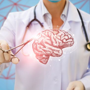 Doctor holding surgical scissors near a digital brain illustration.