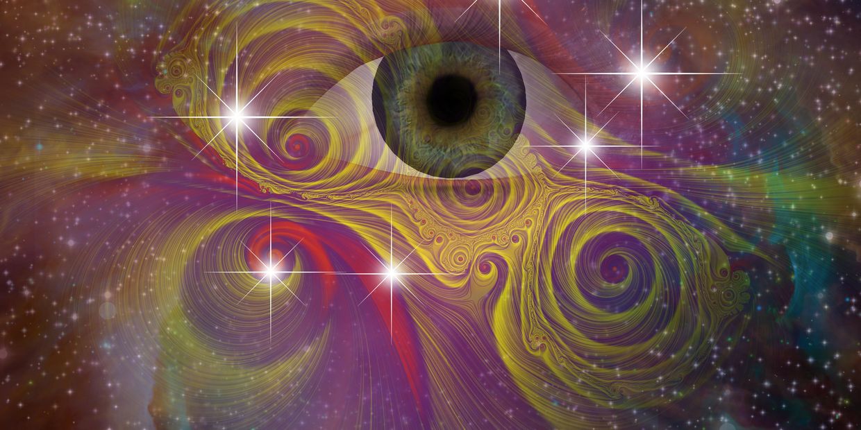 A surreal cosmic eye surrounded by swirling galaxies and bright stars.