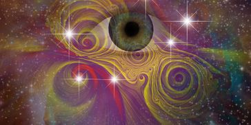 A surreal cosmic eye surrounded by swirling galaxies and bright stars.