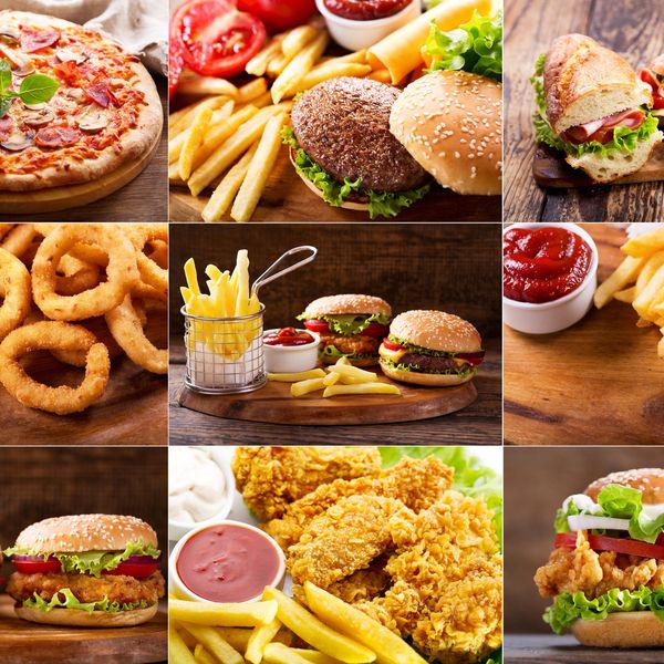 Collage of various fast food items including burgers, fries, pizza, onion rings, and fried chicken.