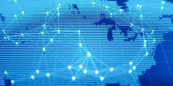 Digital global map with interconnected glowing nodes on a blue background.