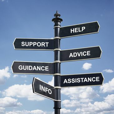 Directional signpost with words help, support, advice, guidance, assistance, and info.