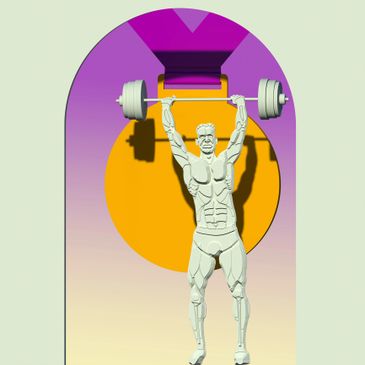 3D muscular figure lifting a heavy barbell under an arch with a colorful backdrop.