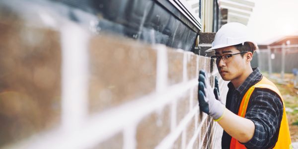 Construction worker inspecting brick wall.
