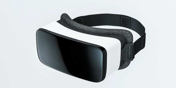 Sleek virtual reality headset with black and white design.