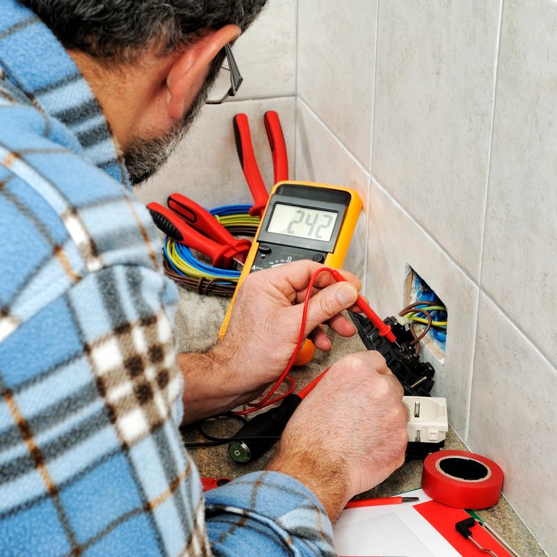 Electrician technician at work measures the voltage of a residential electrical system.