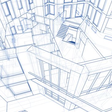 3D architectural wireframe of a modern building design.